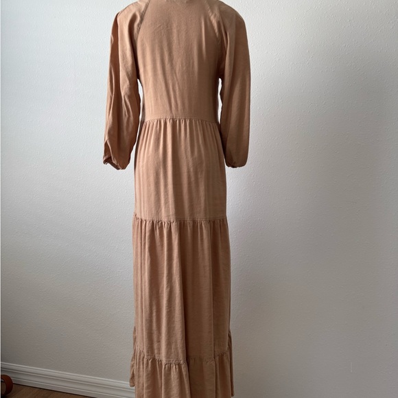 ZARA Linen Blend Basic Minimalist Size S Neutral Tiered Midi Dress puff sleeve - Picture 2 of 7